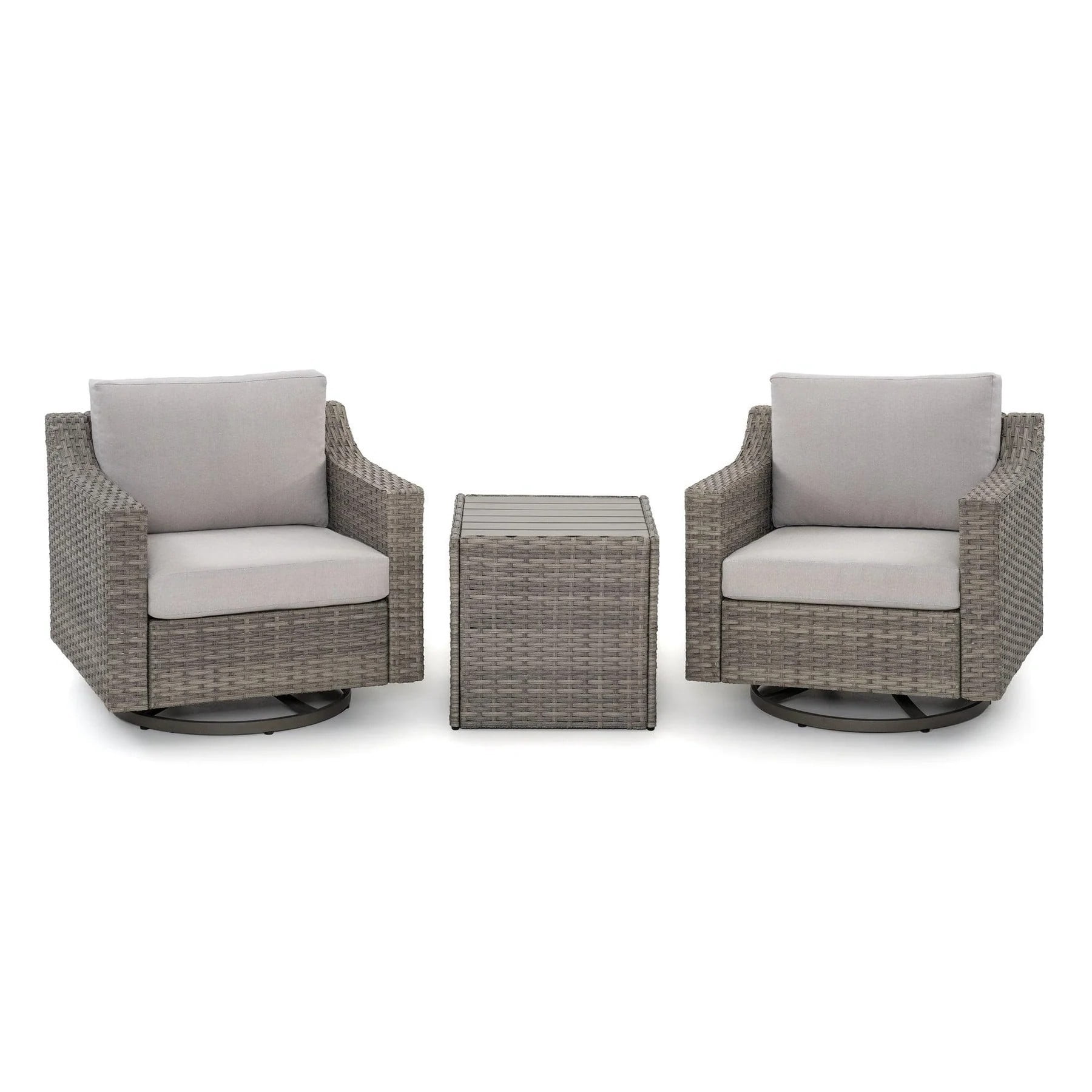 3 Piece Patio Bistro Set with 360 Swivel Patio Chairs, Outdoor Wicker Patio Furniture Set with Cushions and Side Table for Balcony Porch Backyard, Grey/Beige