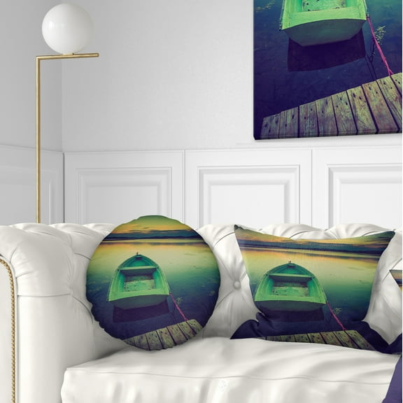 Designart Boat and Wooden Pier in Lake - Boat Throw Pillow - 12x20