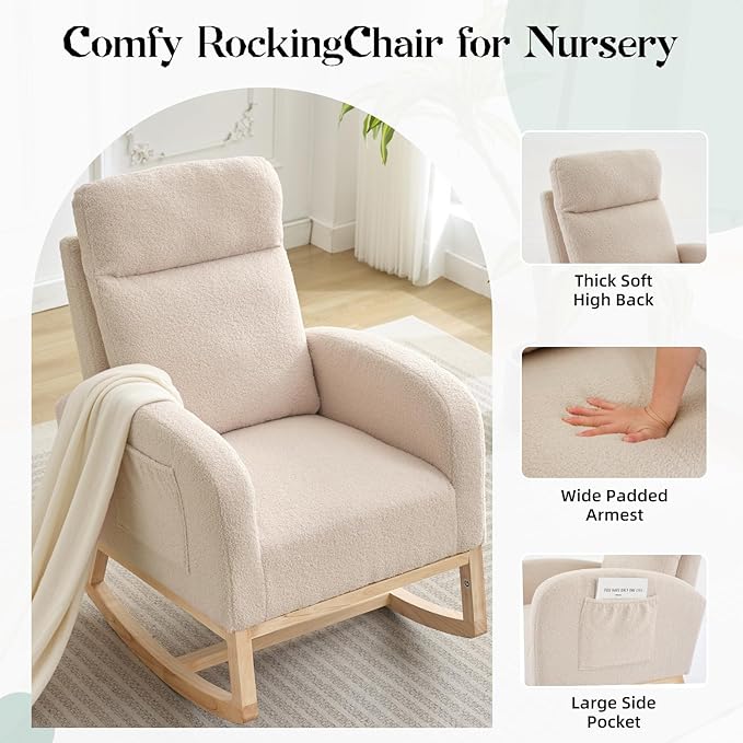 Leather Glider Chair, Modern Rocking Chair, Nursery Faux Leather Glider Chair with Rubber Wood Legs and Side Pocket, Rocking Accent Armchair for Living Room, Bedroom, Beige