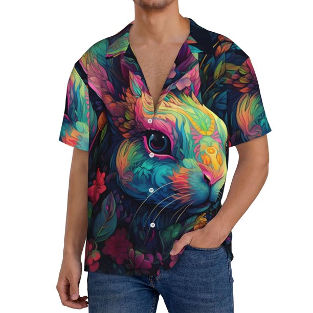 Fotbe Colorful Patterned Rabbit Camisa Estampada de Manga Corta para Hombre, Casual de Verano, Estilo Playero, Sin Arrugas-3X-Large