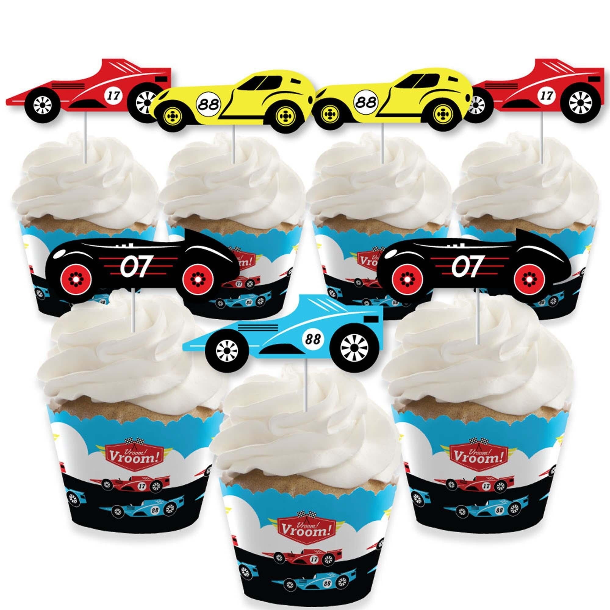 Big Dot of Happiness Let's Go Racing - Racecar - Cupcake Decoration - Birthday Party or Baby Shower Cupcake Wrappers and Treat Picks Kit - 24 Ct