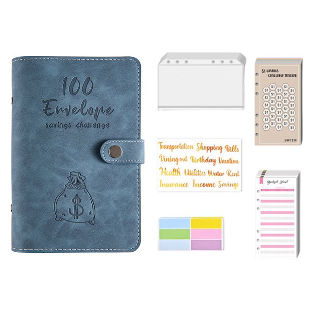 For 100 Envelopes Money Saving Challenge Budget Binder PU Leather Cover with Cash Envelope PVC Pocket Zipper/Budget Cards /Lable Stickers as Money Organizer System Saving