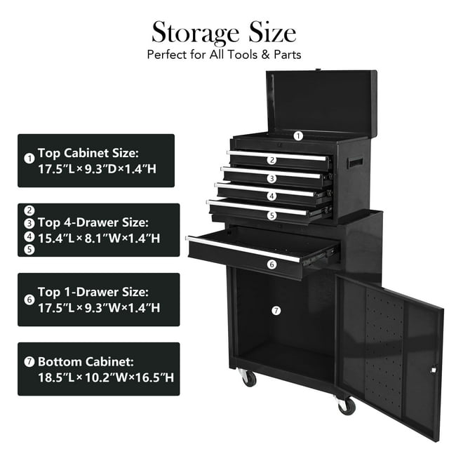 EDTara Coffre à Outils Robuste avec 5 Tiroirs, Armoire de Rangement Mobile en Acier, Conception 2-en-1 avec Séparateurs de Plateau et Roulettes Verrouillables