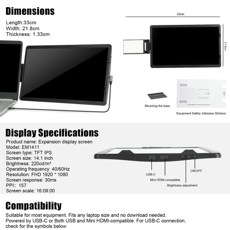 14 Inch Triple Portable Monitor 1080P@60Hz Laptop Screen Extender for Dual  Monitor Display, Portable Triple Screen for 14-17 Laptop, Support