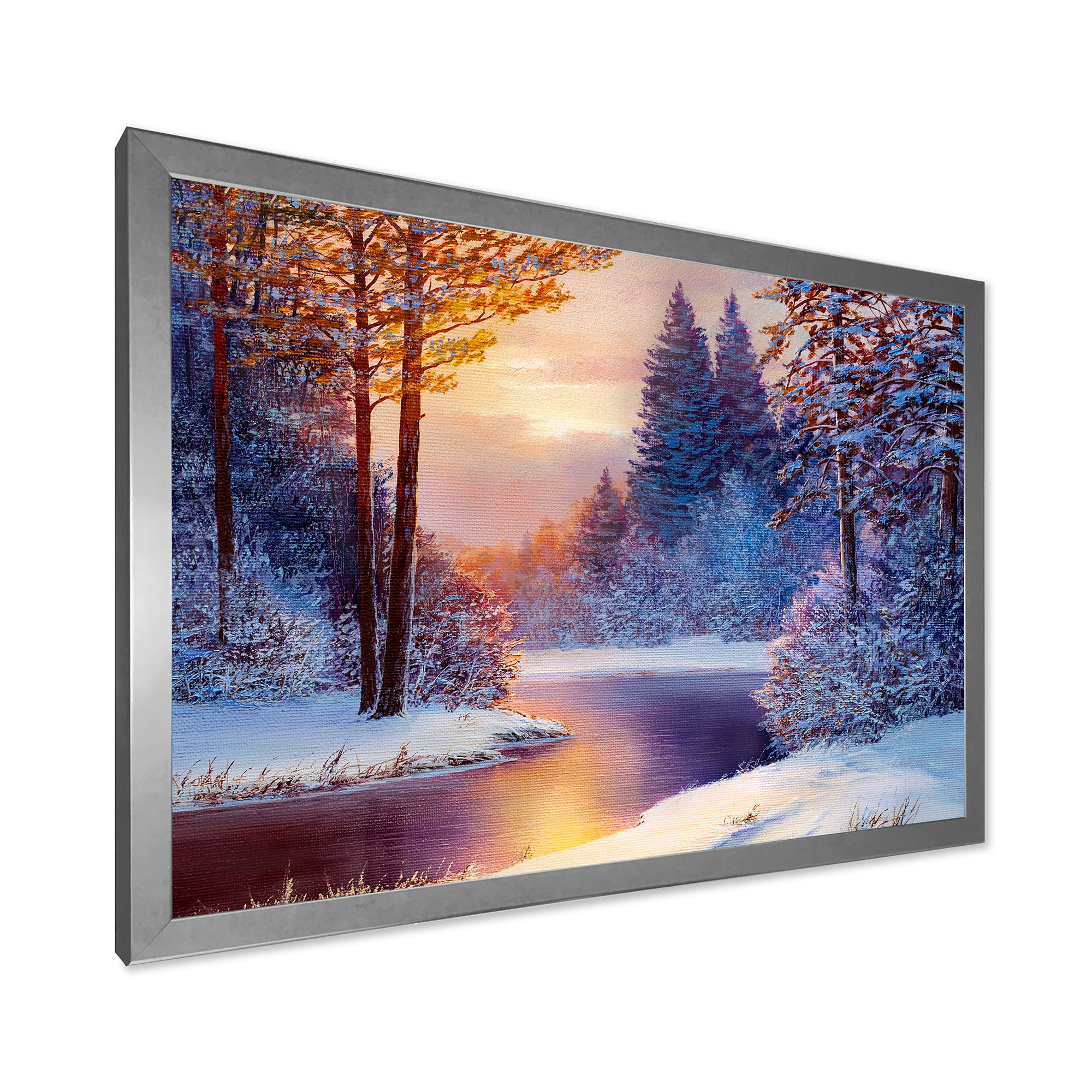 Designart 'Dark Blue Silhouettes of Trees With Winding River' Lake House Framed Art Print