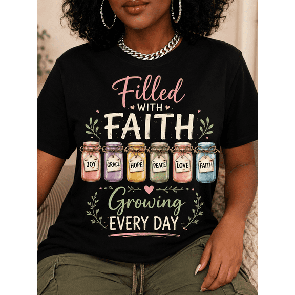Filled with Faith Growing Every Day Christian Graphic T-Shirt for Women, Inspirational Floral Mason Jar Crew Neck Casual Tee