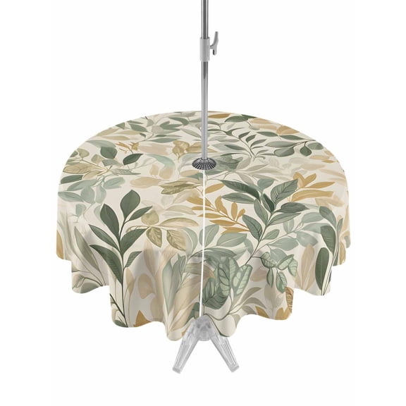 Outdoor Table Cloth with Umbrella Hole and Zipper, Sage Green Yellow Botanical Waterproof Round Tablecloth 54 Inch, Spring Summer Vintage Washable Table Cover for Outside Party Patio Picnic