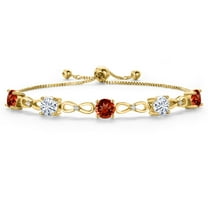 Gem Stone King 18K Yellow Gold Plated Red Garnet and White Moissanite Tennis Bracelet for Women | 4.66 Cttw | Gemstone January Birthstone | Round 6MM | Fully Adjustable up to 9 inch