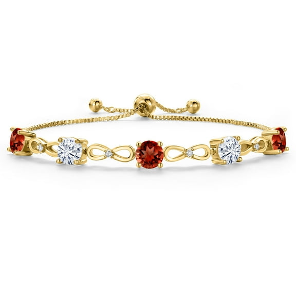 Gem Stone King 18K Yellow Gold Plated Red Garnet and White Moissanite Tennis Bracelet for Women | 4.66 Cttw | Gemstone January Birthstone | Round 6MM | Fully Adjustable up to 9 inch