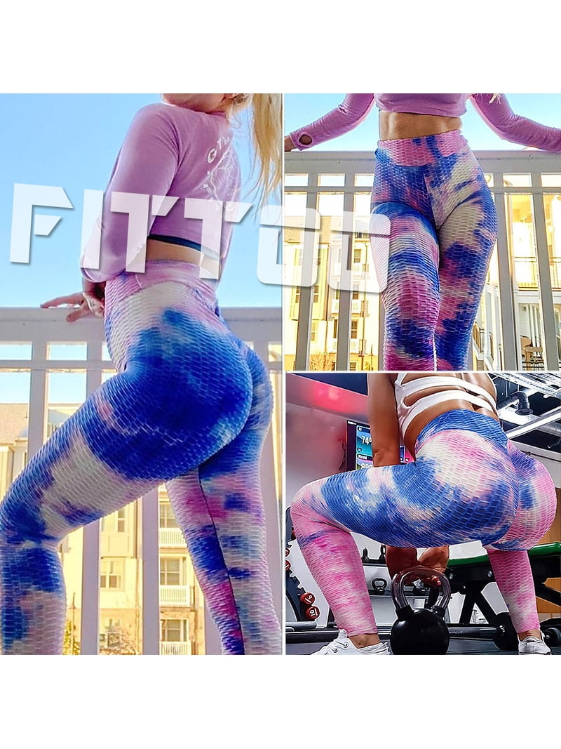 FITTOO Women Tie Dye Yoga Pants High Waist Ruched Butt Lift