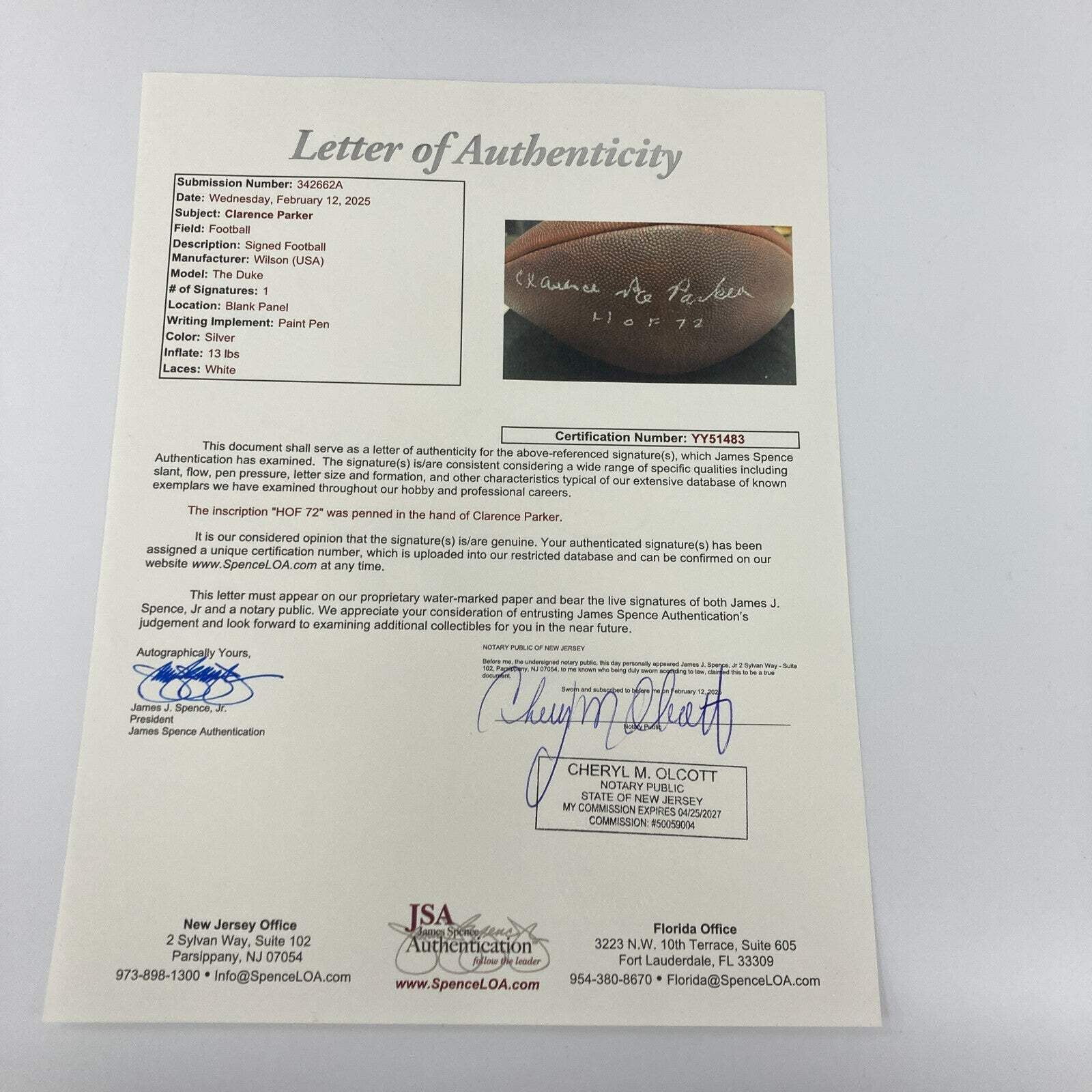 Ace Parker HOF 1972 Full Name Signed Wilson NFL Game Football JSA COA
