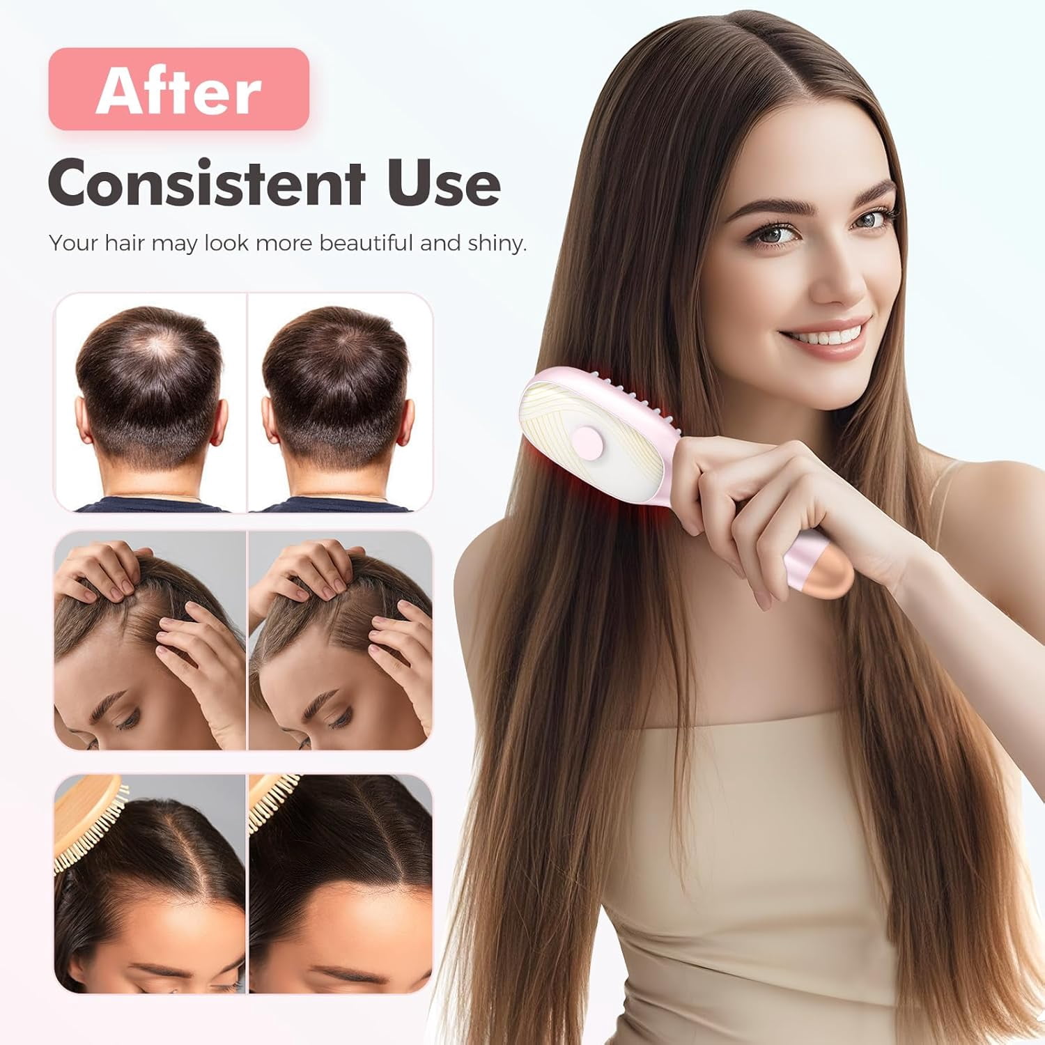 Laser Hair Growth Comb, Hair Oil Applicator Brush, Red Blue Light Phototherapy Vibration Hair Regrowth Brush for Hair Growth & Anti Hair Loss (Pink)