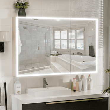 Caulitar Medicine Cabinet Wall Mounted with LED Lighted Large Dimmable Mirror Cabinet with Door Shelf for Bathroom