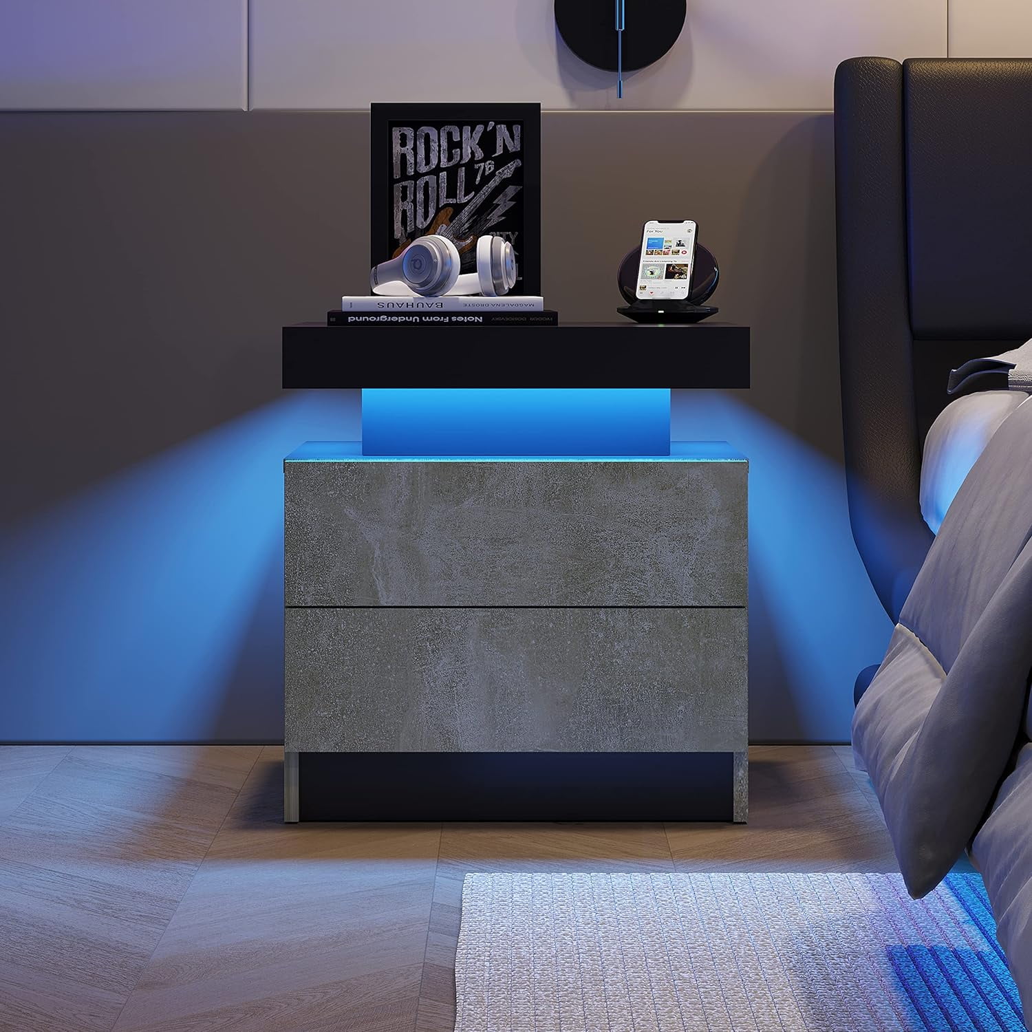 Algherohein Bedroom LED Nightstand Set of 2 with 2 Drawers,Side Tables for Living Room,Gray