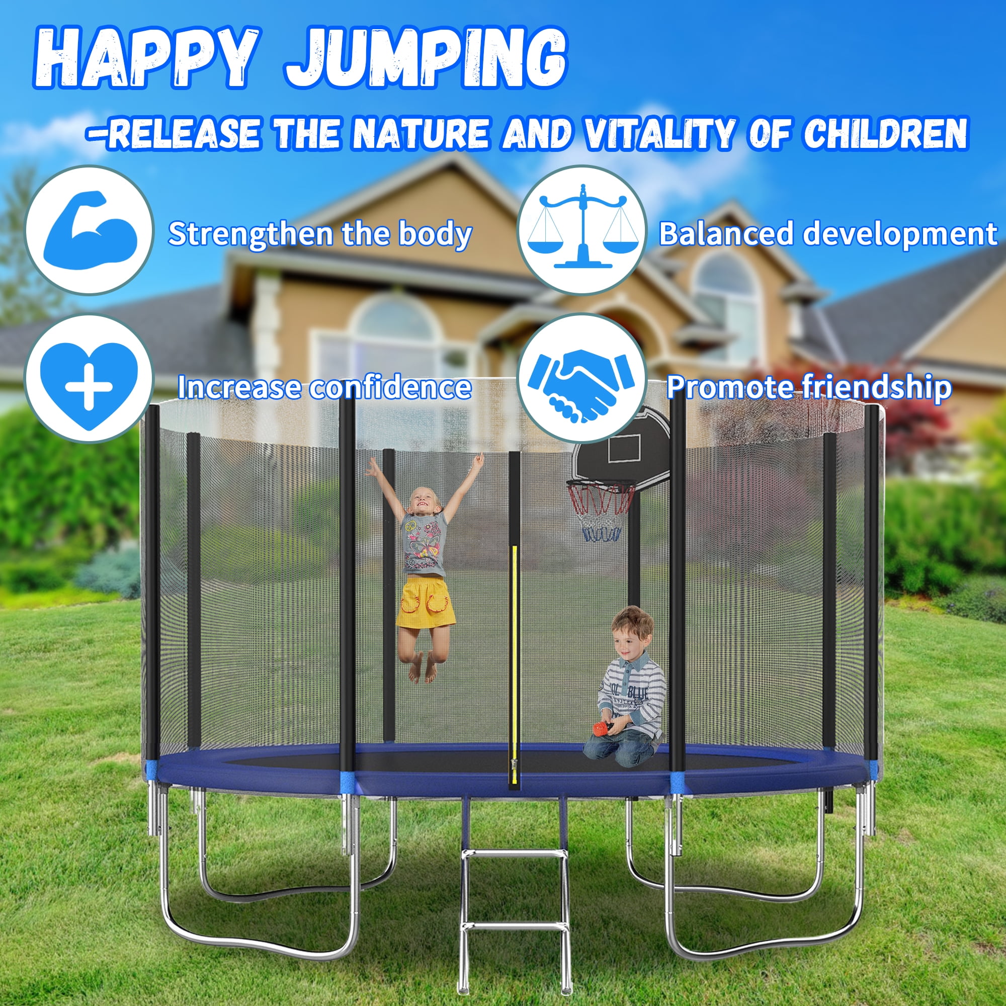 Shengchao Trade 1000LBS 12FT Trampoline for Adults and Kids,Trampoline with Enclosure,Basketball Hoop, Light,Recreational Trampoline with Ladder, Heavy Duty Trampoline Capacity for 4-6 Kids