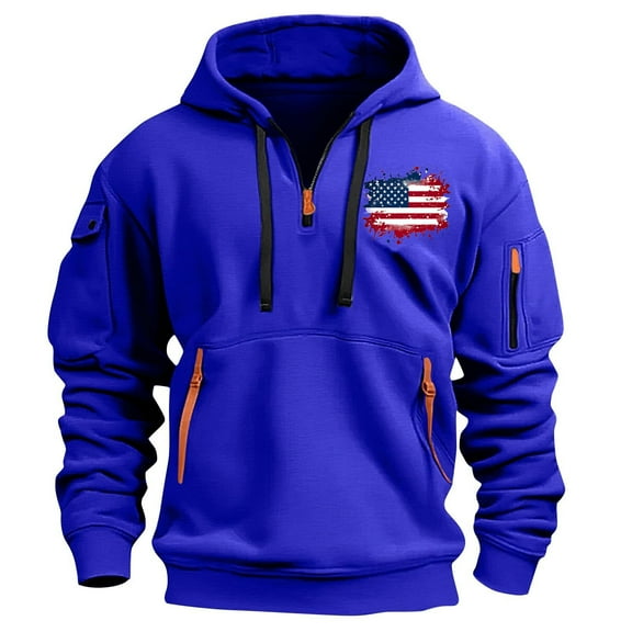 ZCFZJW Patriotic Cargo Hoodies for Men Quarter Zip Pullover Tactical Sweatshirt Vintage USA Flag Print Long Sleeve Casual Fashion Hoodie Outwear Tops with Multi-Pockets XXL