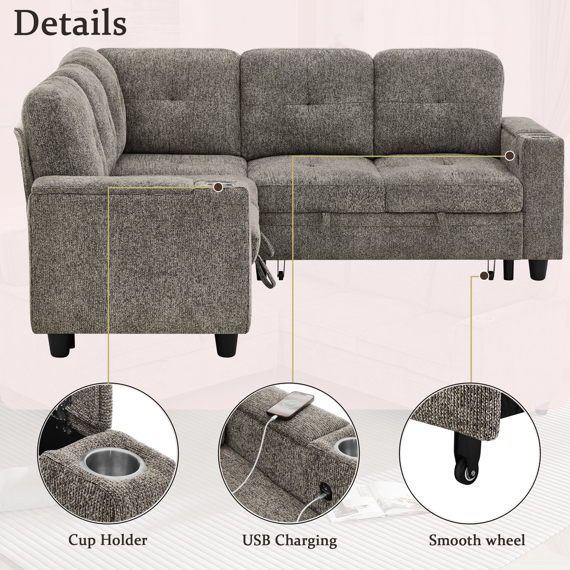 Gewnee L-Shaped Sectional Sofa,Modern Chenille Modular Sofa with Storage Function,USB‑C Charging Ports & Cup Holders,Pull Out Couch for Living Room,Grey