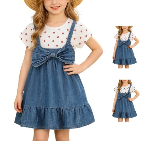Afuyipoi Toddler Girls Summer Short Sleeve Denim Dress (6 Months-4 Years) Fashion Polka Dot Print Bowknot Cowboy Skirt for Daily Play Black 3T