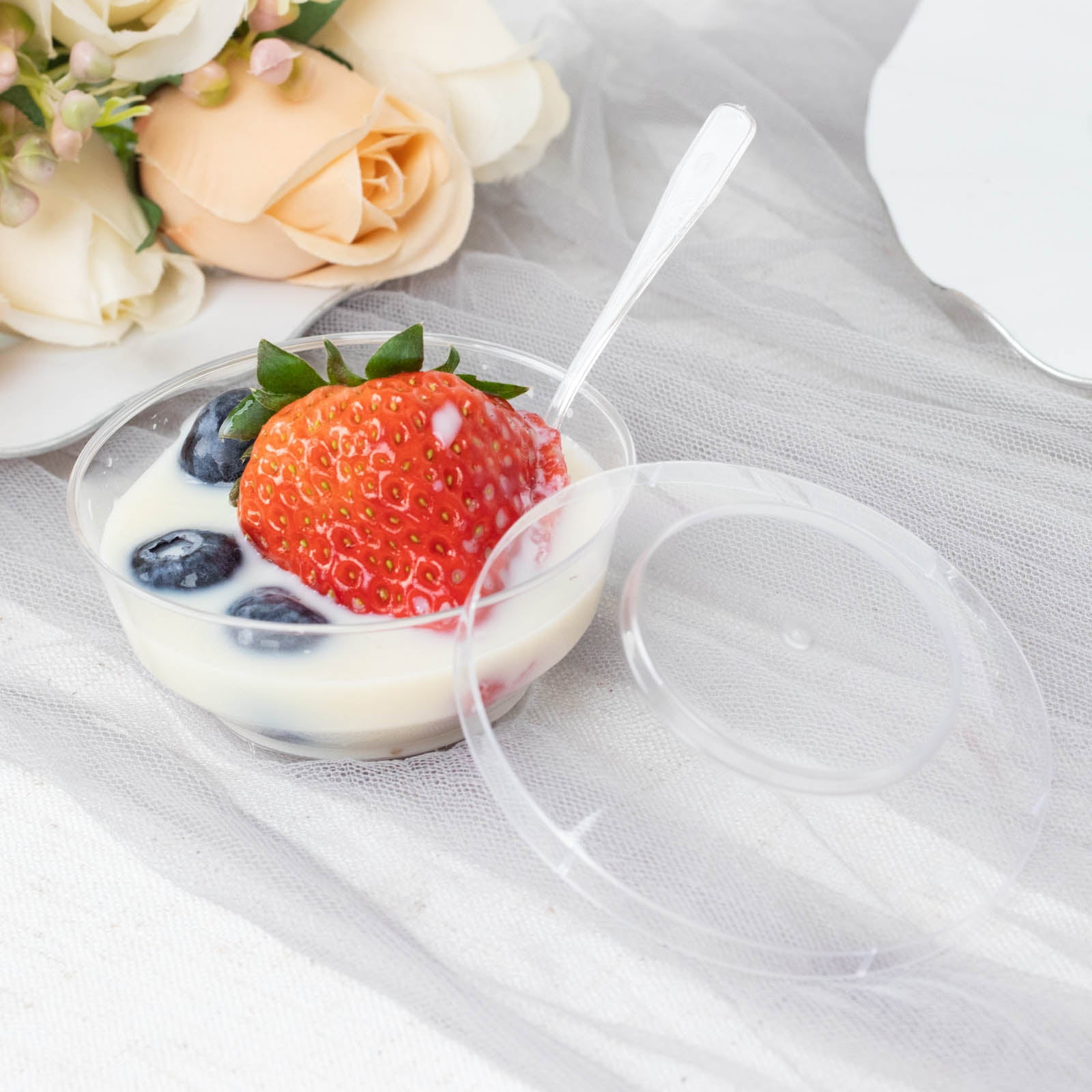Efavormart 24 Pack | 3.5oz Clear Plastic Mini Party Bowl, Lid And Spoon ...