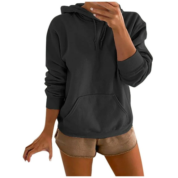 HAPIMO Sweatshirt for Women Pocket Drawstring Pullover Tops Solid Color Long Sleeve Relaxed Fit Womens Hoodie Sweatshirt Teen Girls Clothes Black M