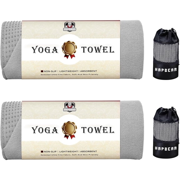 2 Pack Hot Yoga Towel with Non-Slip Grip Dots, Super-Absorbent Microfiber Yoga Mat Towel for Sweaty Bikram, Pilates and Studio Workouts - Grey