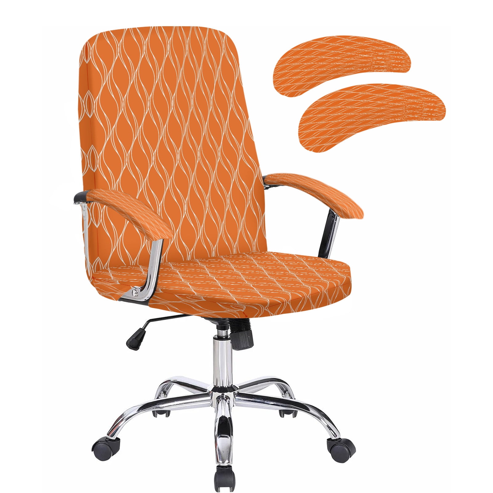 Office Chair Cover with Armrest Covers & Zipper Orange Stripes Lines Computer Chair Covers Stretchable Removable Abstract Waves Striped Universal Rotating Desk Chair Slipcovers Seat Protectors Large