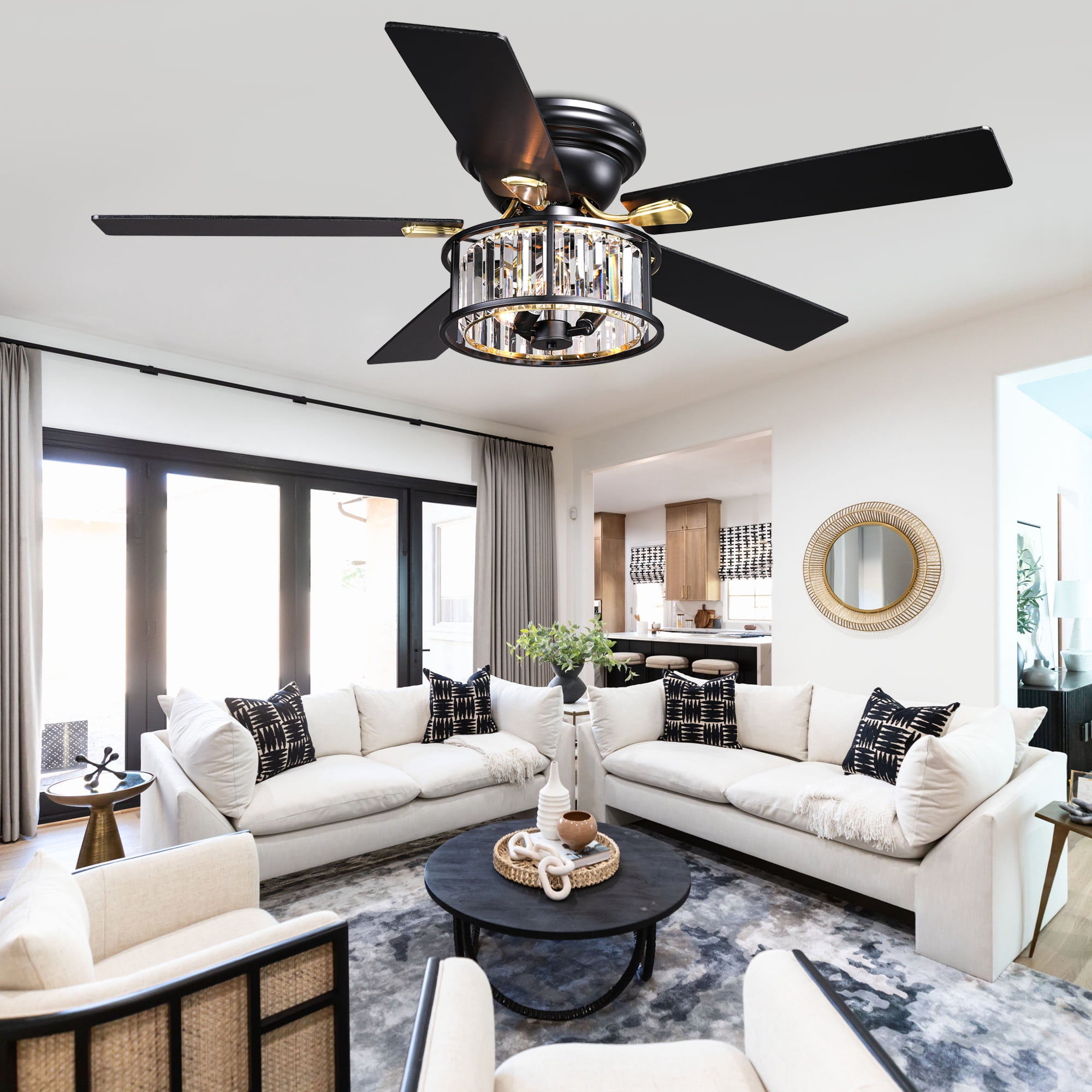 Chords Attic 52" Black Crystal Flush Mount Ceiling Fan with Light and Remote Control, Low Profile Fandelier Ceiling Fan with 6-Speed DC Motor for Living Room, Bedroom