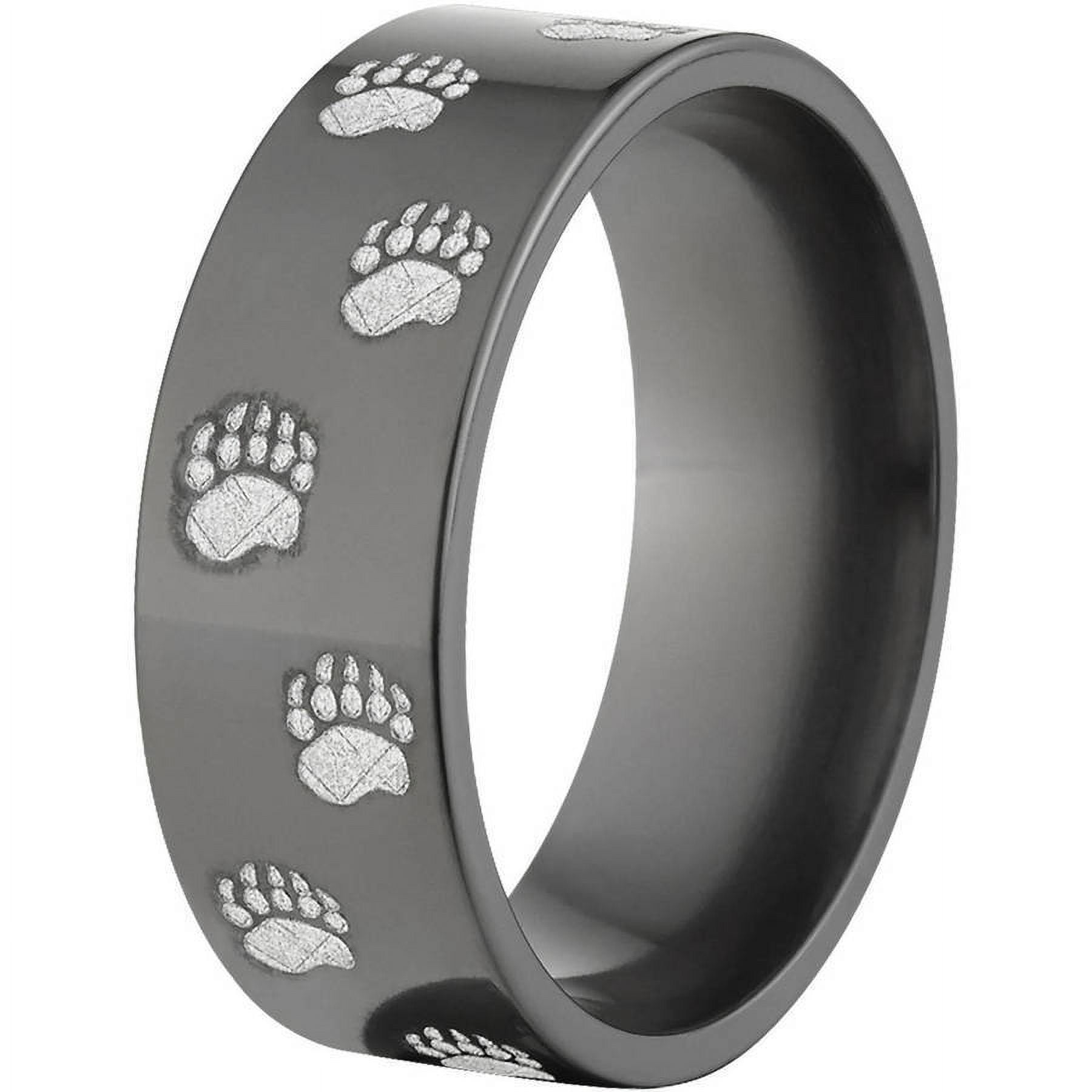 8mm Flat Black Zirconium Ring with Bear Tracks Lasered Around the Ring
