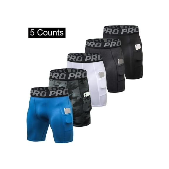 LANBAOSI 5 Pack Men Compression Running Shorts with Pocket Athletic Yoga Workout Underwear Size L