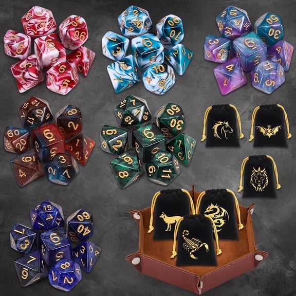CiaraQ DND Dice Set - 42 Pcs polyhedral dice Set with 6 Colorful Bag and PU Leather Velvet Tray for Dungeons Dragons D&D RPG MTG Table Games