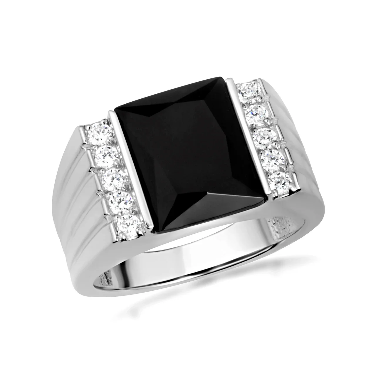925 Sterling Silver Black Onyx & CZ Signet Ring (Size 13.25)