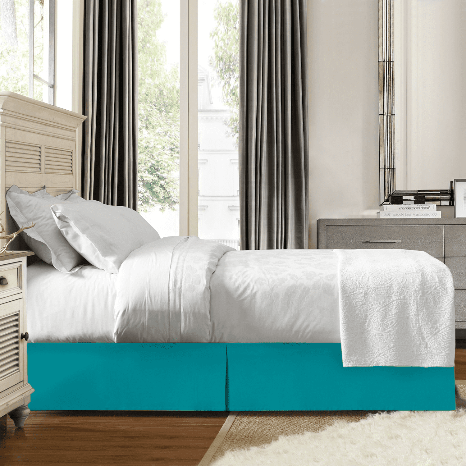 14" Tailored Pleated Bed Skirt Dust Ruffle, Queen, Teal, by Clara Clark