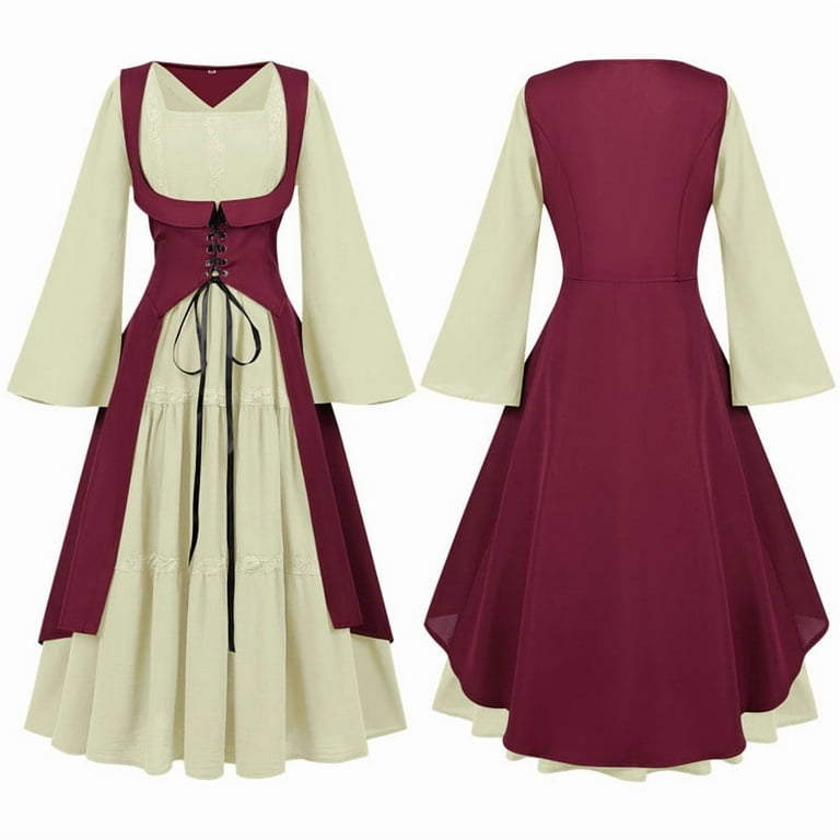 FAVIPT Halloween Corset Dress for Women Squareneck Lace Up Dress Medieval  Renaissance Gown Prom Costumes Long Sleeve Two Piece Dress Set Red,XL -  Walmart.com
