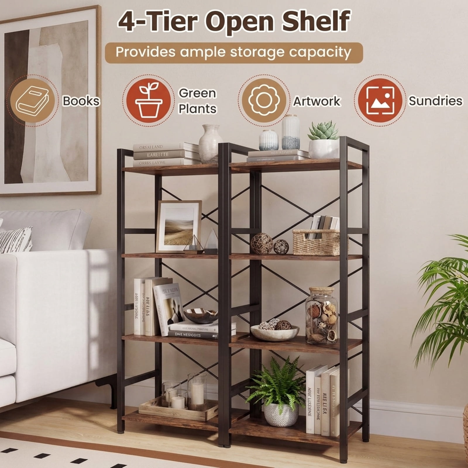 Furnibear 4-Tier Bookshelf Narrow Freestanding Display Shelf with Metal Frame for Living Room Home Office Bedroom Display Storage Shelf, Rustic Brown