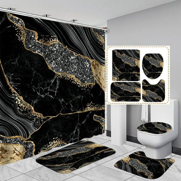 4PCS Marble Shower Curtain Sets, Modern Bathroom Sets with Shower Curtains, Toilet Lid Rug, Contour Mat and Bath Mat, Bathroom Decor Luxury Shower Curtain with 12 Hooks, 72 x 72 Inch, Black