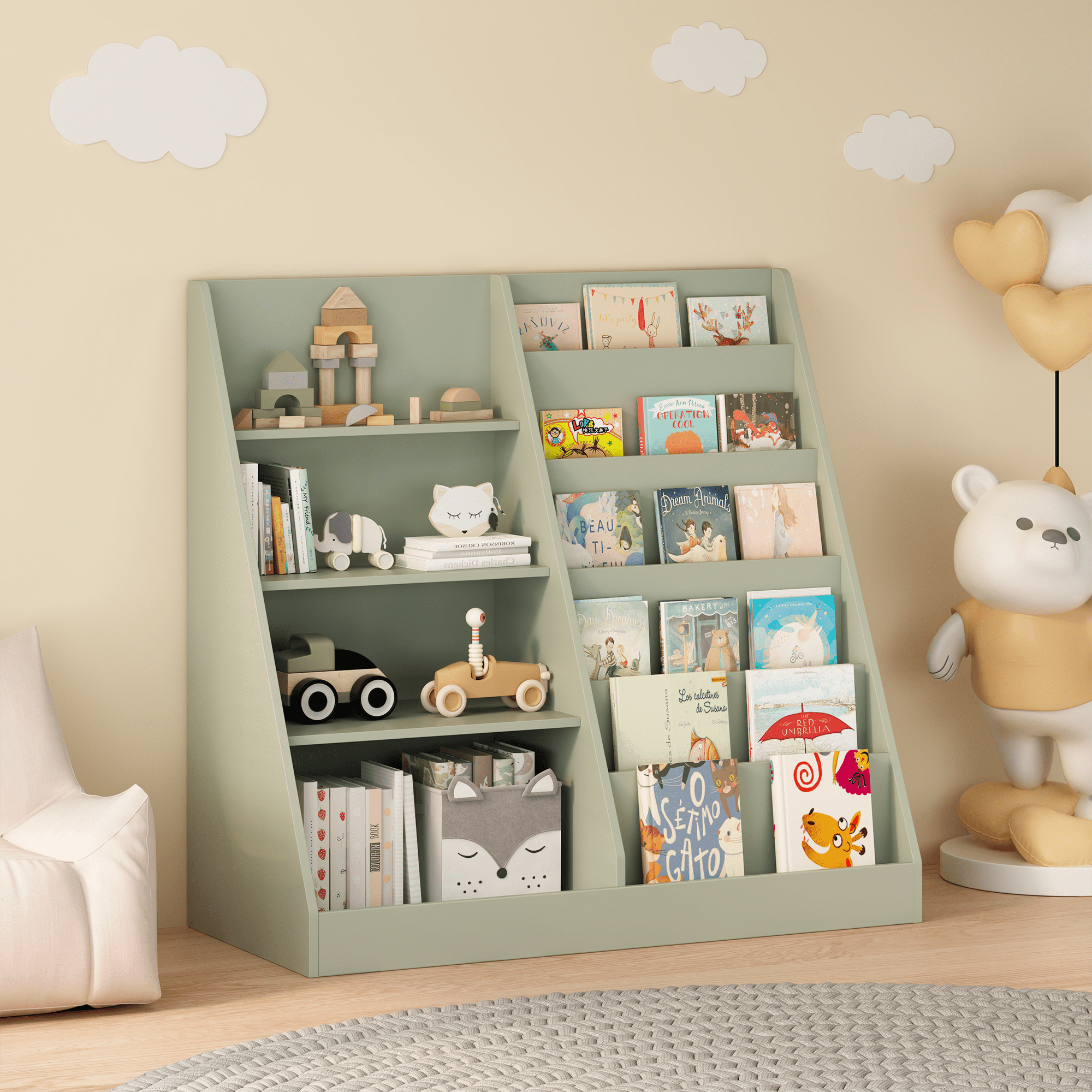 Sage Green Kids Bookshelf with Toy Storage Bin 2-Tier Display Childrens Room Organizer