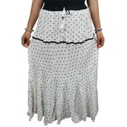 Mogul Women's Maxi Skirt White Printed Elastic Waist Boho Style Long Skirts