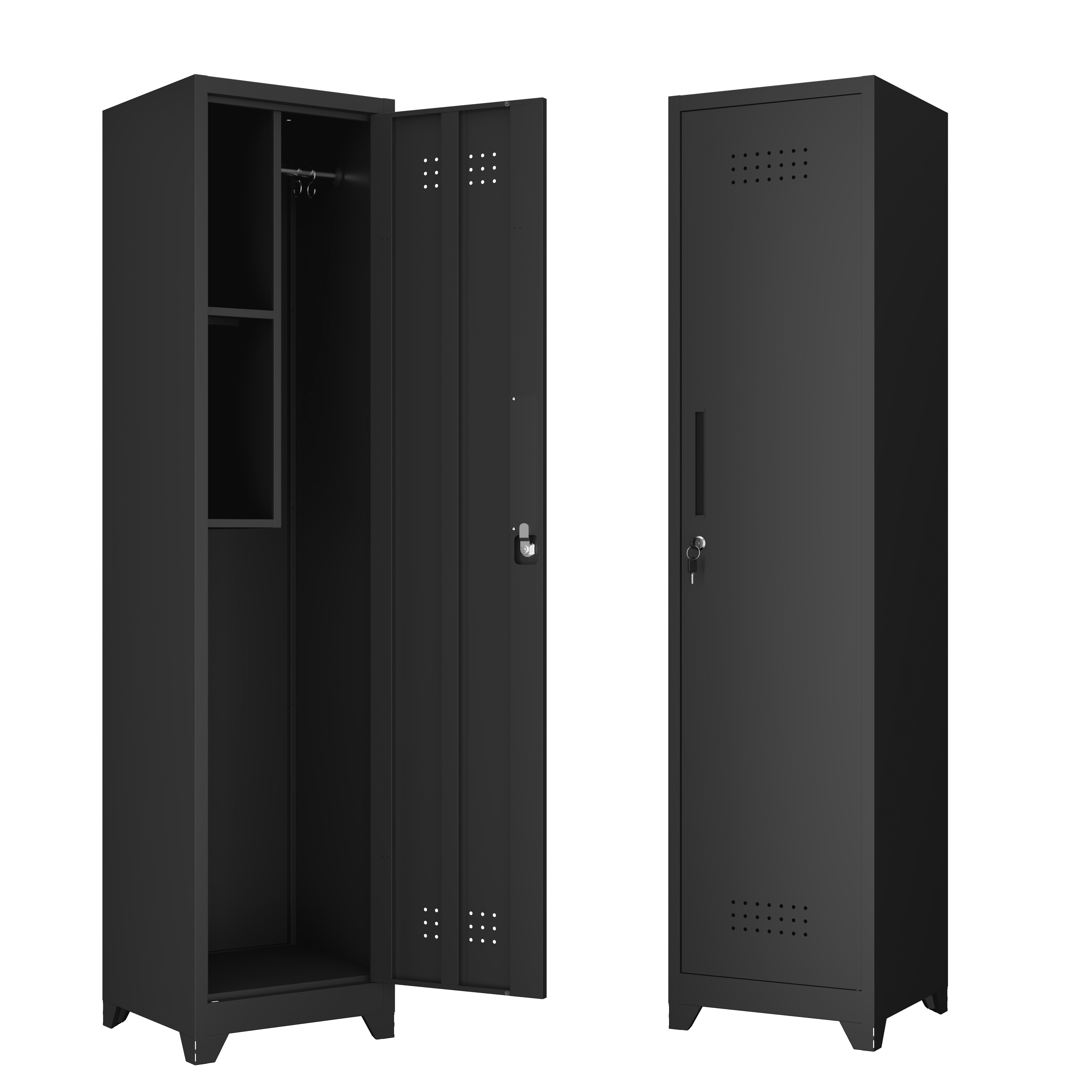 Tall Narrow Metal Storage Cabinet with Lock, 65" Slim Utility Organizer with Hanging Rod & Fixed Shelves, Ventilated Cleaning Supply Cabinet for Laundry Room, Garage, Entryway