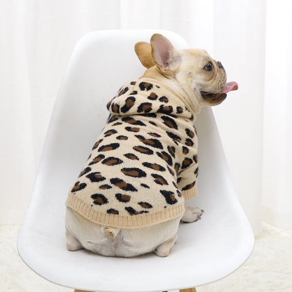 Dogs Sweater Knitted Fall Pet Pullover Fashion Leopard Print Cats Clothes Bulldog Chihuahua Winter Hooded Dress Warm Long Sleeve