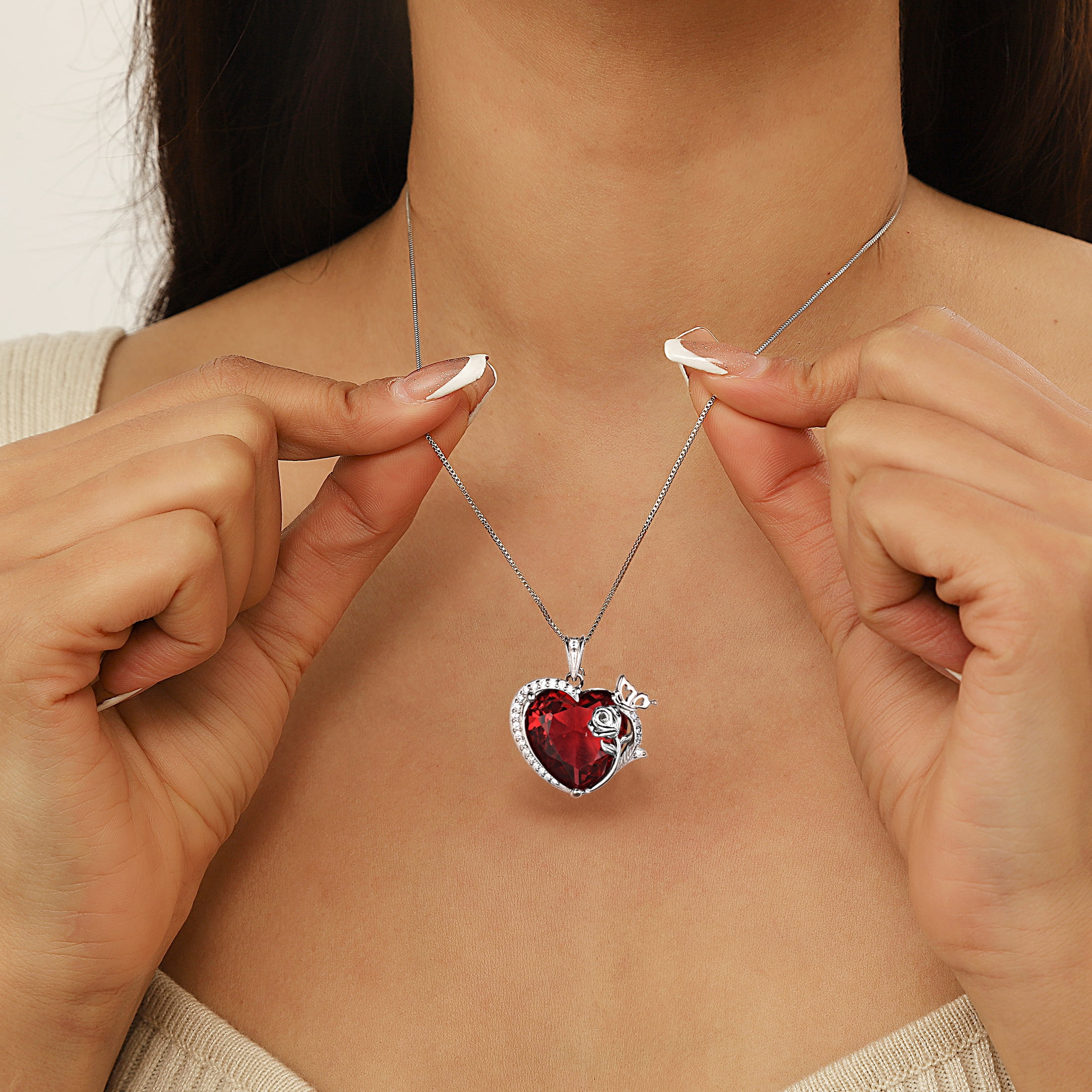 Juwaliy Women Heart Necklace Butterfly Rose Flower Pendant January Birthstone Garnet Red 925 Sterling Silver Jewelry Wife Mother Valentine's Day Gifts