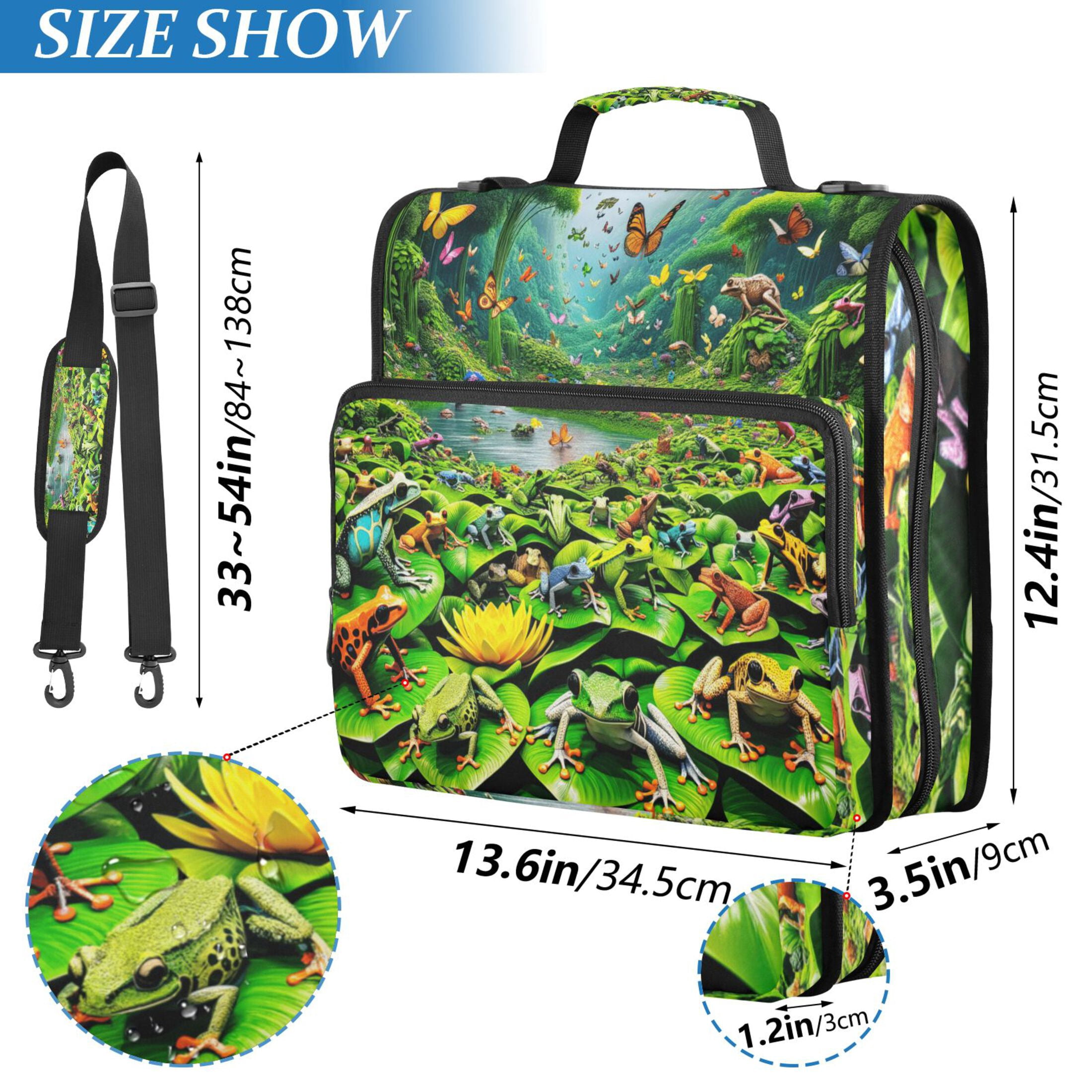 3 Ring Zipper Binder with Shoulder Strap Waterproof Trapper Keeper 2 Inch D-Ring 500 Sheets Capacity Colorful Frogs and Butterflies