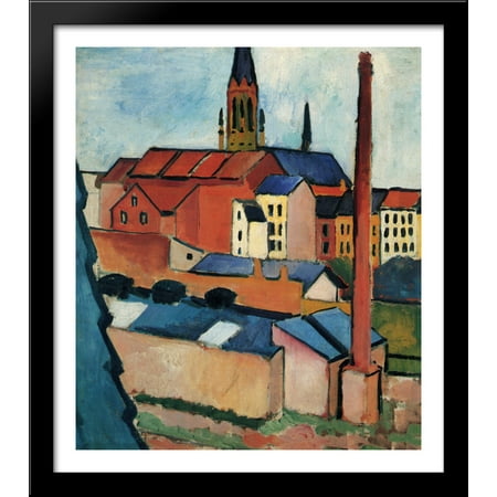 Wood Chimney - St. Mary's with Houses and Chimney (Bonn) 28x32 Large Black Wood Framed Print Art by August Macke