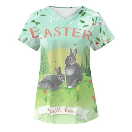 

Women s Easter Scrub Workwear Cute Bunny Short Sleeve Nursing Tops Casual Holiday Scrub T-Shirt with Pockets