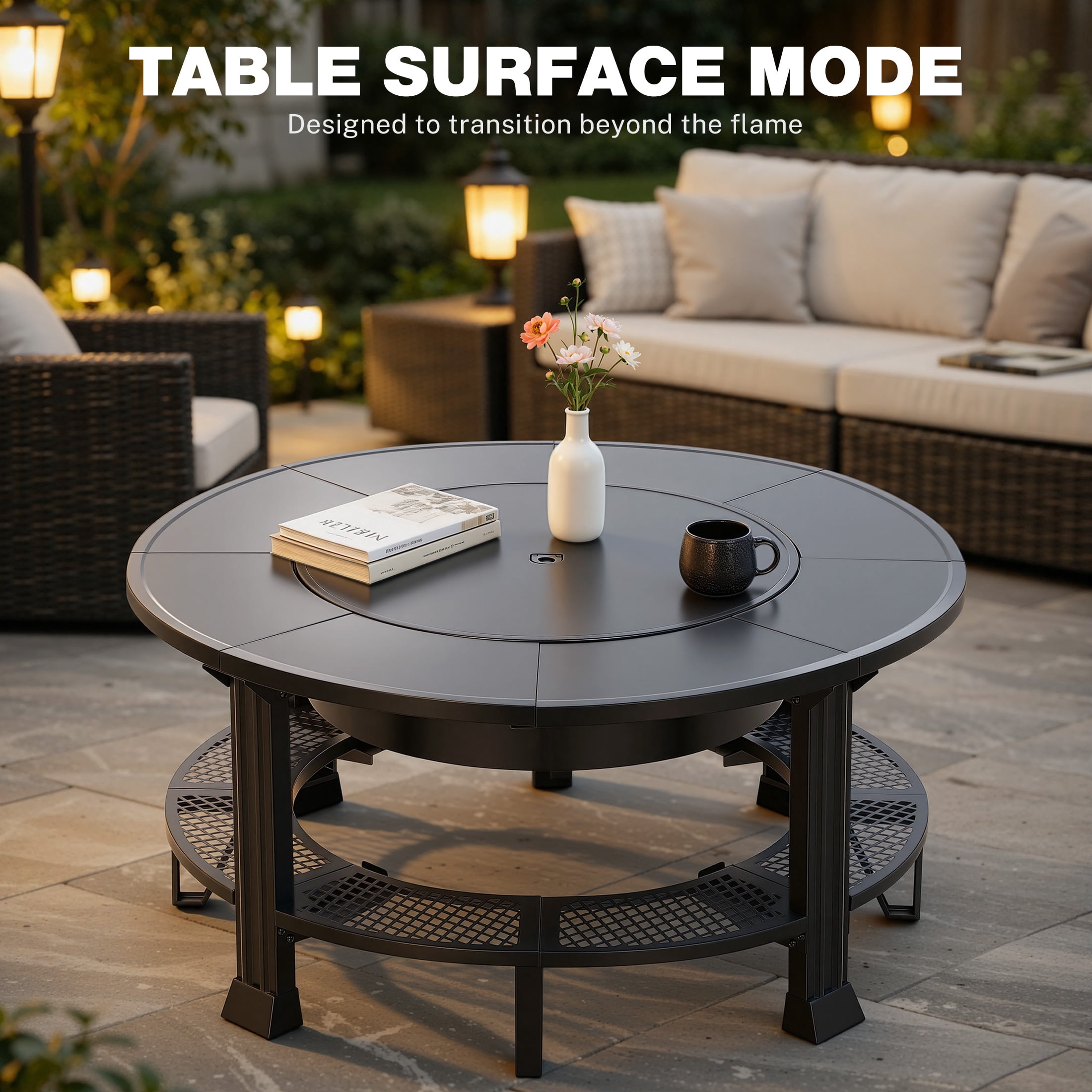38" Outdoor Fire Pit Table with Grill & Firewood Rack, Wood Burning Fire Pit for Backyard Gatherings, Patio Heating & Outdoor Entertaining, BBQ with Pit Cover, Poker, BBQ Grate, Round Fire Pit, Black