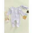 thumbnail image 2 of Arvbitana 0M 3M 6M 9M Infant Baby Girls Ruffle Footed Romper Striped Long Sleeve Footie Jumpsuit Zipper One Piece Bodysuit Headband Fall Winter Outfit 2Pcs, 2 of 9