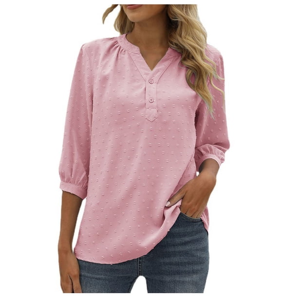 Tops de Mujer Blusa Informal Elegante Camisas de Gasa Con Cuello en V Botones Color Sólido Jersey 3 4 Camiseta de Manga Odeerbi ODB172629