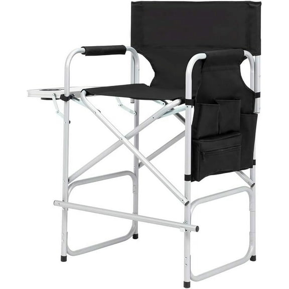 YEXJ 26" Tall Directors Chair Height Seat Folding with Side Table Storage Bag, Support for 300Lbs Portable Makeup Artist Chair with Bar Height Black