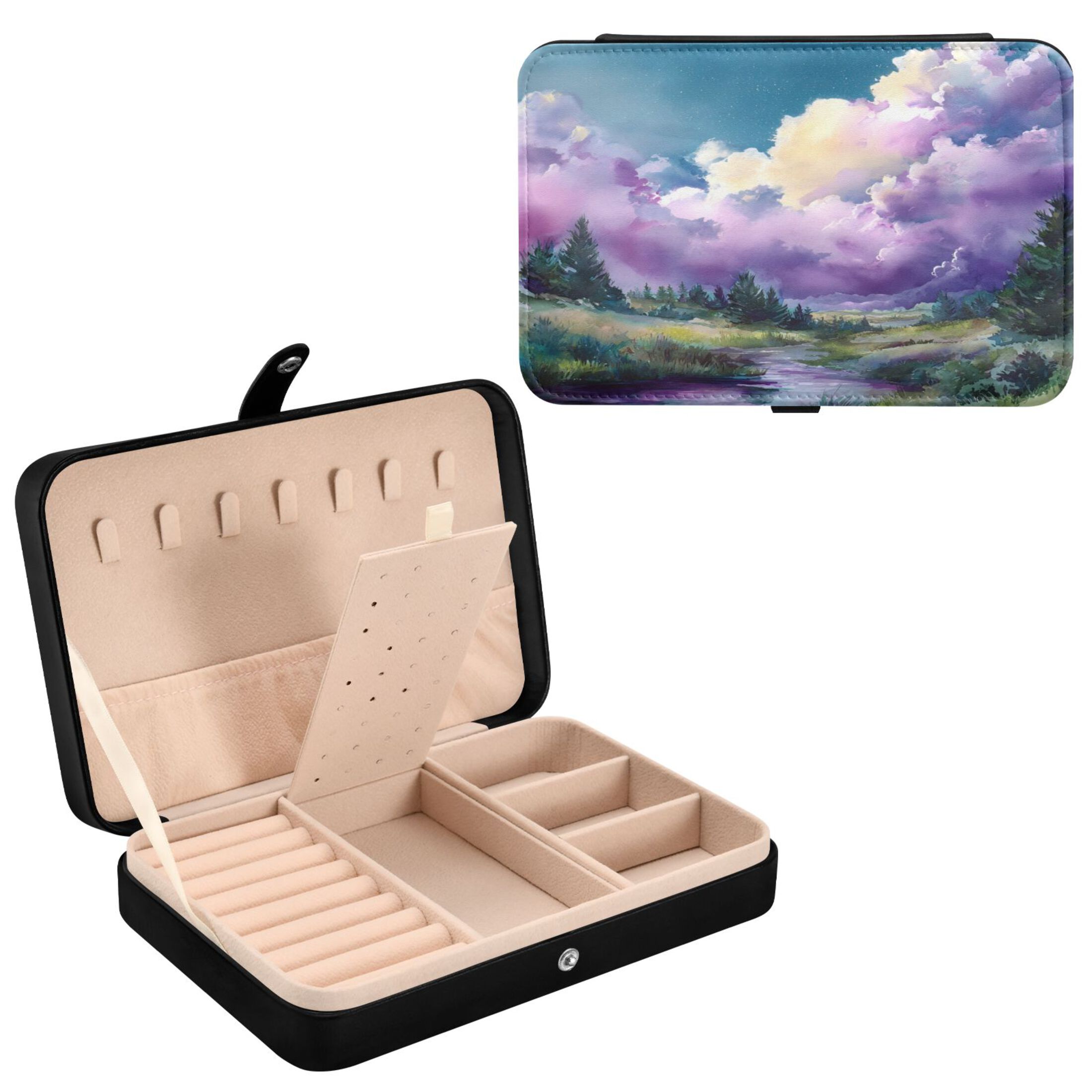 Leather Jewelry Box Rectangular 8.27x5.5x1.78In Travel Jewelry Storage Earrings Necklace Bracelet Watch Brooch Storage Watercolor Cloud