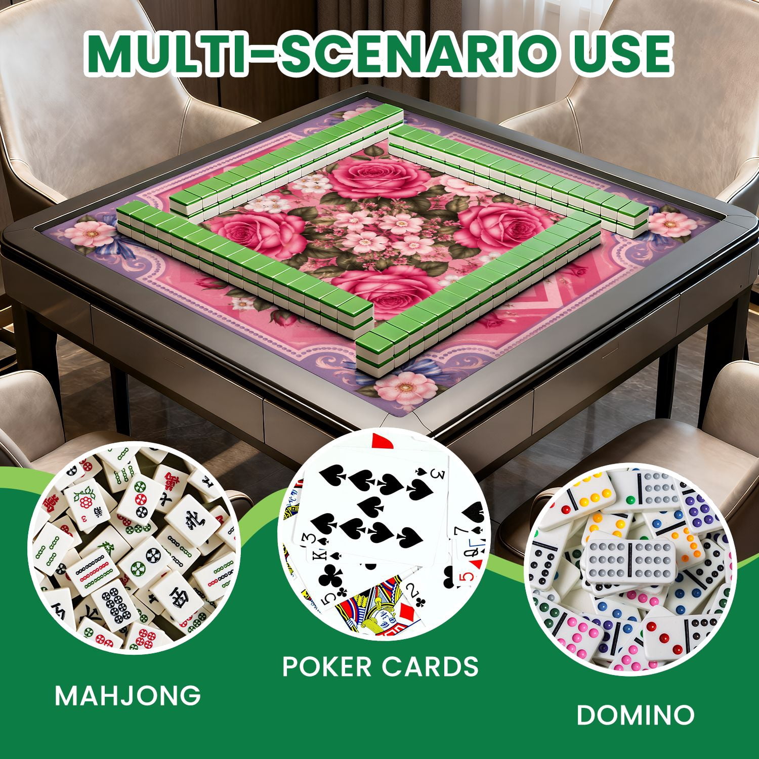 Mahjong Mat 31.5" x 31.5" Floral Border Pink White Camellias Soft Pastel Non-Slip Noise Reduction Mahjong Tiles Table Cover for Dominoes Poker Card Board and Tile Games