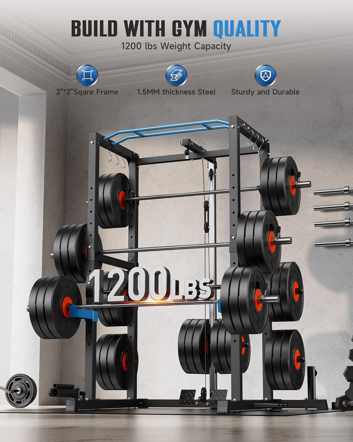 Sportsroyals Power Cage,1200lbs Multi-Function Power Rack with Adjustable Cable Crossover System Weight Cage for Home Gym,Blue